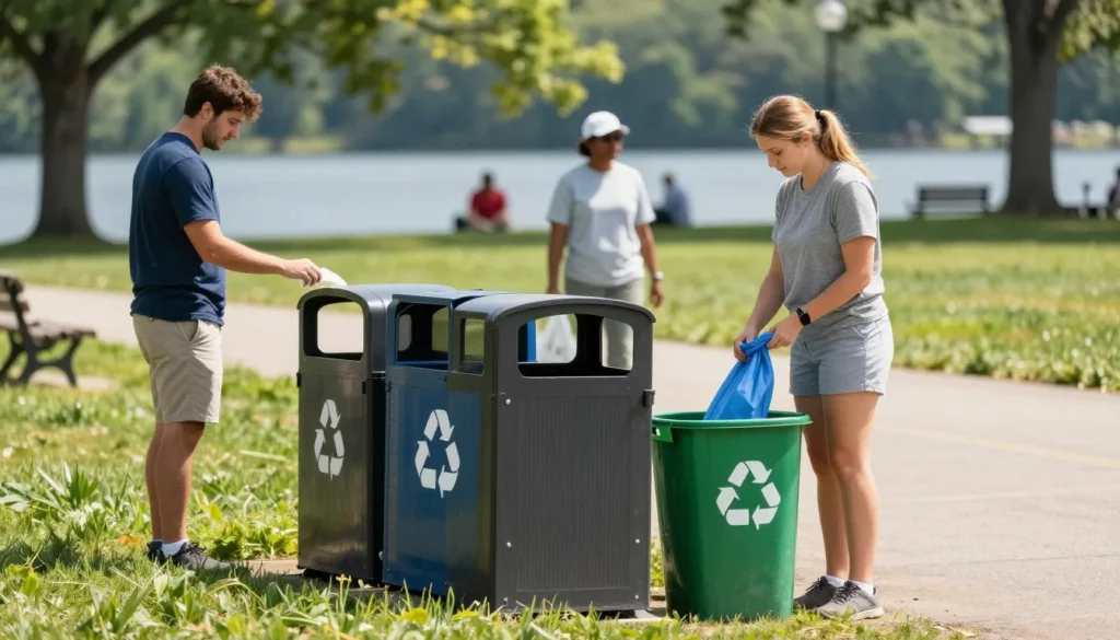 Visitors properly disposing trash in designated receptacles at Boone Lake