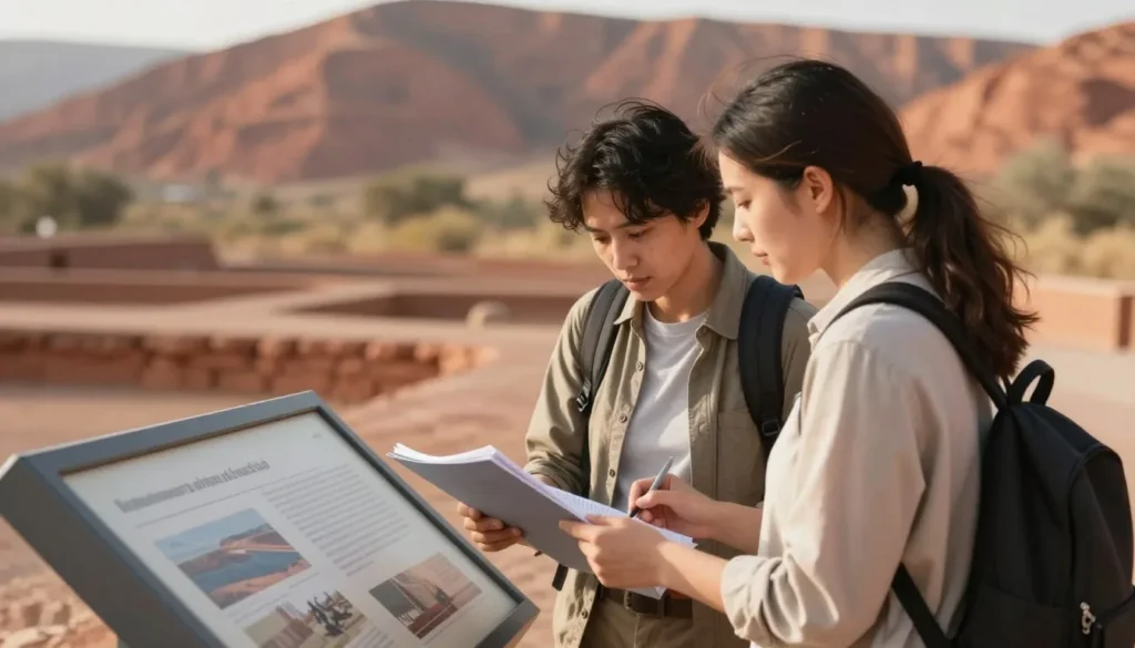 Visitors reading interpretive panel at archaeological site