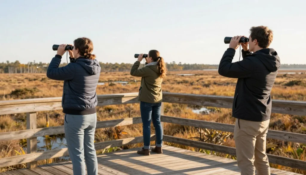 Visitors using binoculars at Tennessee wildlife refuge observation deck