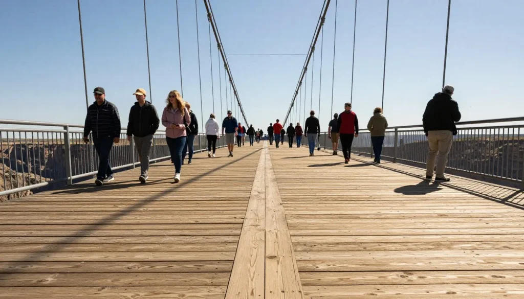 Visitors walking across the iconic Royal Gorge Bridge wooden deck high above the canyon