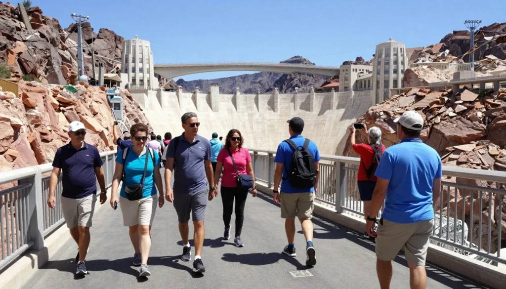 Visitors walking across the top of Hoover Dam with pedestrian walkway Visitors walking across the top of Hoover Dam with pedestrian walkway