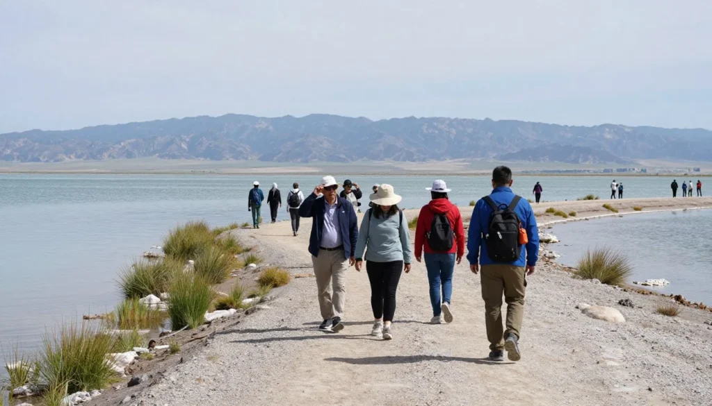 Visitors walking along shoreline trail at Great Salt Lake State Park Visitors walking along shoreline trail at Great Salt Lake State Park