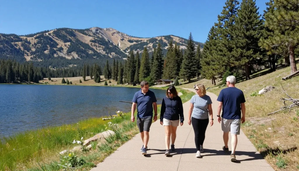 Visitors walking on paved trail at Jordanelle State Park with scenic lake views