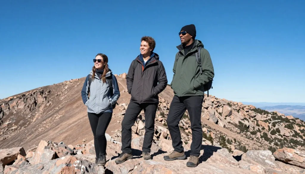 Visitors wearing warm layers on Pikes Peak summit Visitors wearing warm layers on Pikes Peak summit