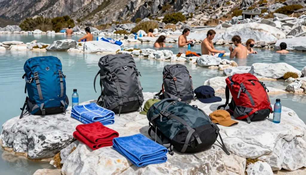 Visitors with proper outdoor gear and equipment at mountain hot springs location