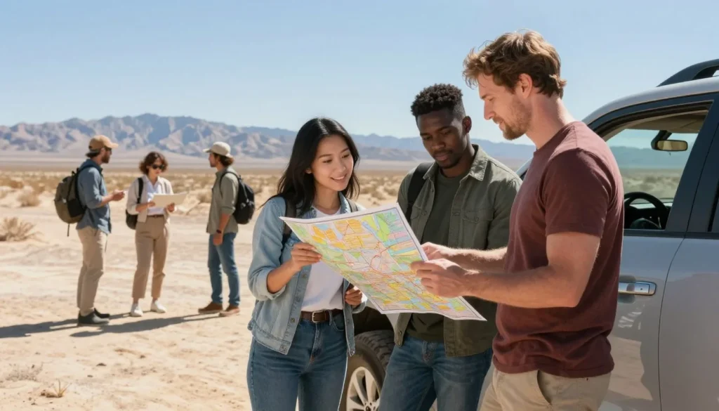 Visitors with vehicle exploring Ivanpah Desert terrain
