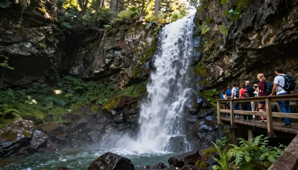 Waterfall cascading over rocks in mountain canyon with hikers on observation deck Waterfall cascading over rocks in mountain canyon with hikers on observation deck