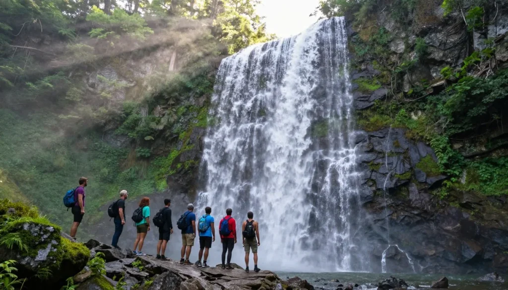 Waterfall in Tennessee Smoky Mountains with hikers viewing