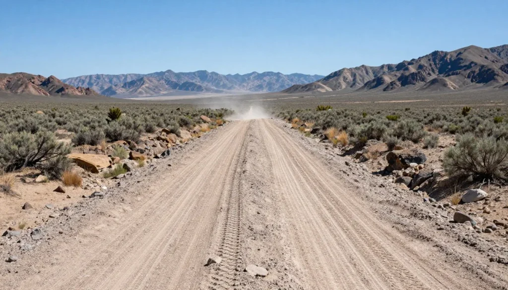 Weathered dirt road through White Pine County Nevada high desert terrain leading toward historic mining district