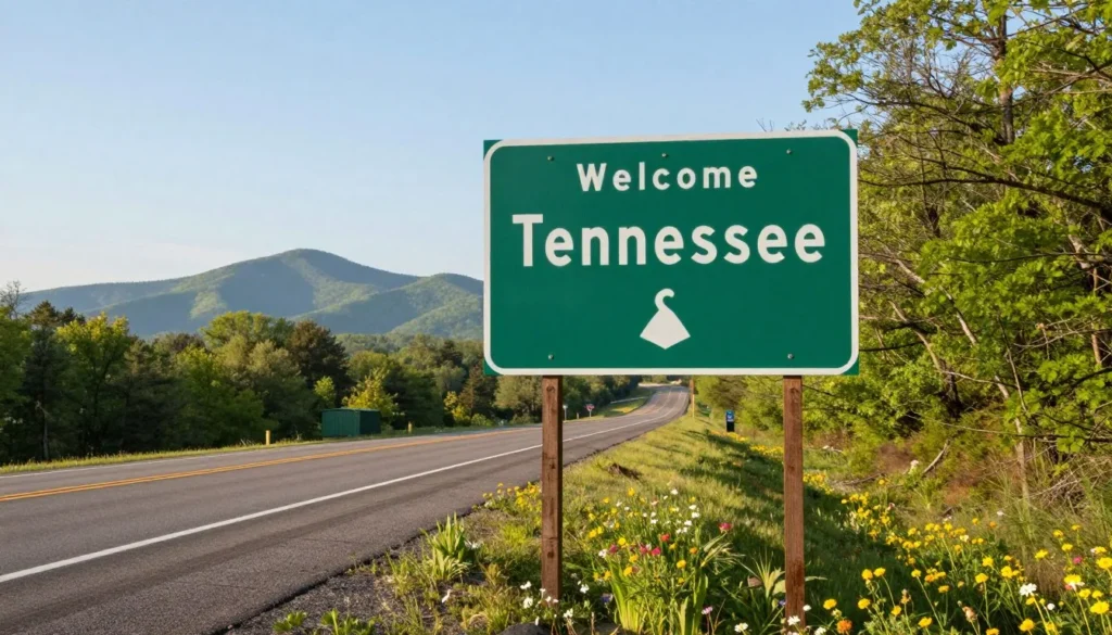 Welcome to Tennessee state line sign with mountains in background