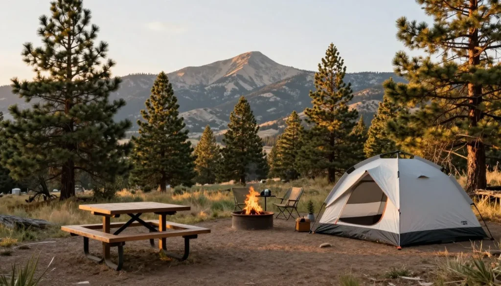 Well-appointed campsite at Jordanelle State Park with tent and mountain views