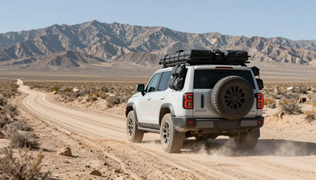 Well-equipped 4x4 vehicle on desert backcountry road Well-equipped 4x4 vehicle on desert backcountry road