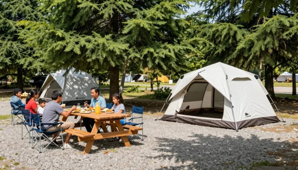 Well-equipped campsite with tent and picnic table under cedar trees