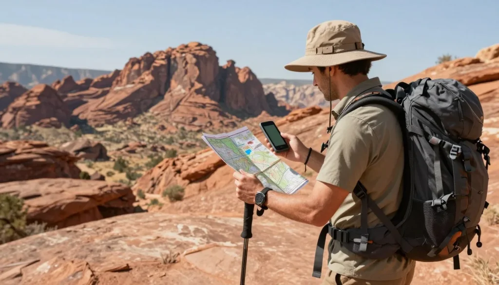 Well-equipped hiker checking GPS device on desert trail