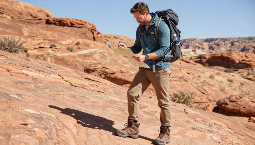 Well-equipped hiker with safety gear checking map in Paradox Canyon Colorado