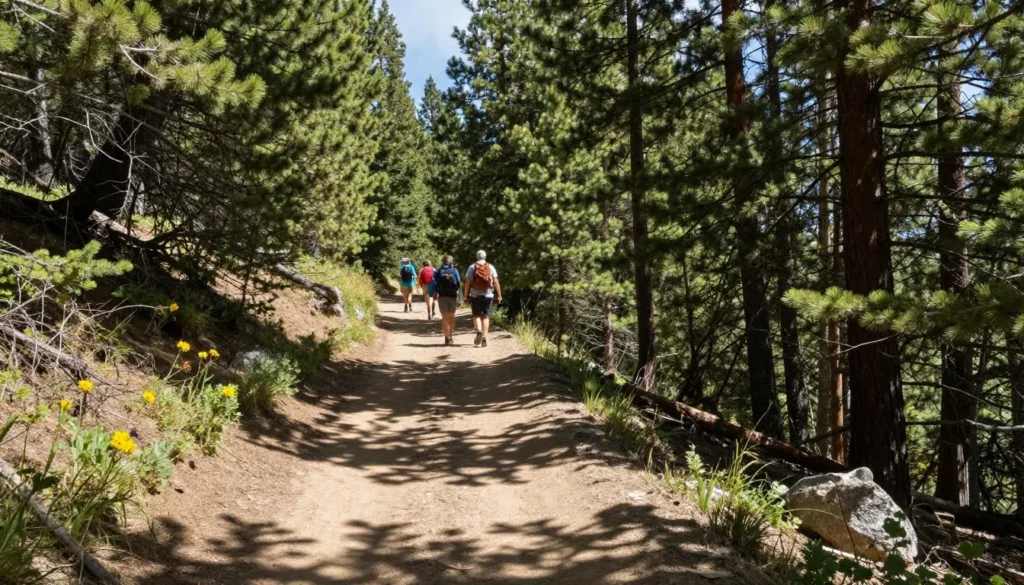 Well-maintained forest trail winding through pine trees near Causey Reservoir
