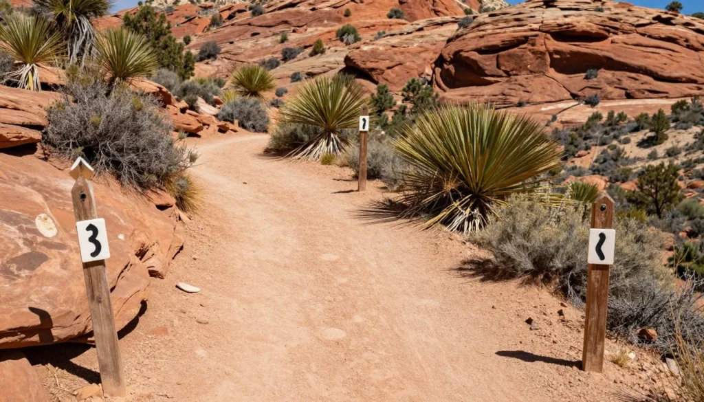 Well-maintained hiking trail winding through Red Rock Canyon with clear trail markers Well-maintained hiking trail winding through Red Rock Canyon with clear trail markers