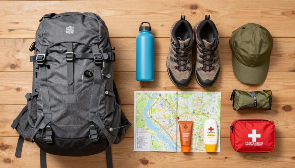 Well-organized camping and hiking gear spread out for Poudre River trip