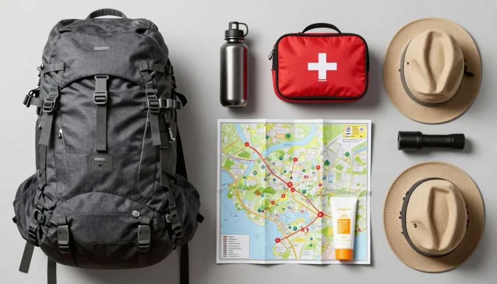 Well-organized camping gear and outdoor equipment laid out Well-organized camping gear and outdoor equipment laid out