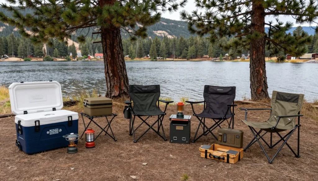 Well-organized camping gear and supplies at McPhee Reservoir campsite