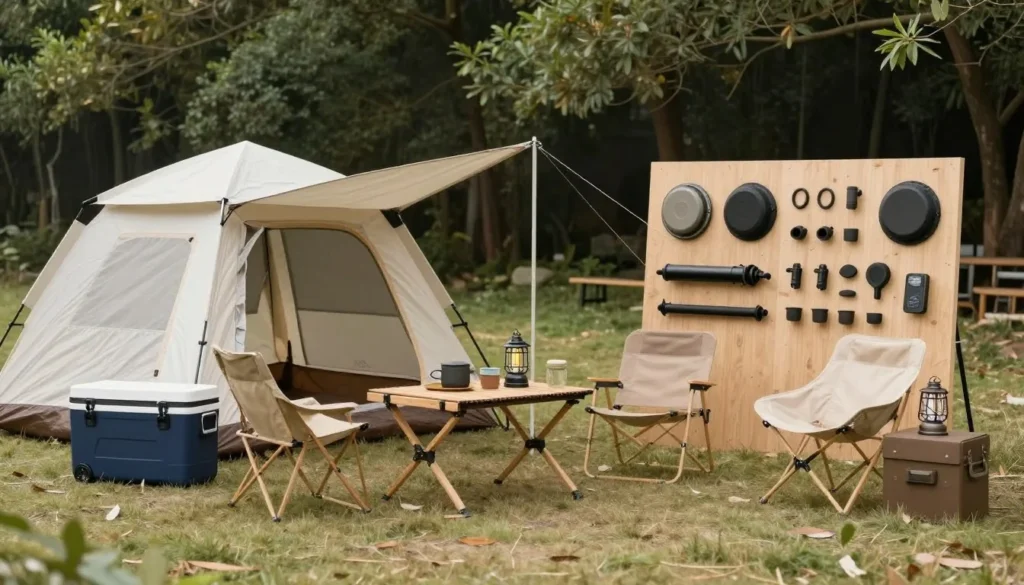 Well-organized camping setup with gear and supplies Well-organized camping setup with gear and supplies