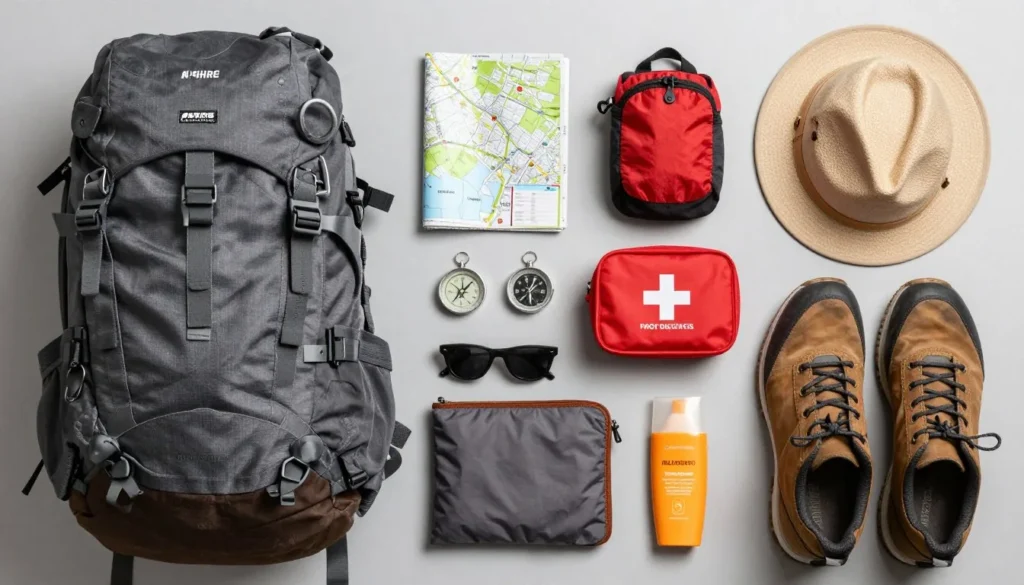 Well-organized hiking backpack with essential gear laid out systematically