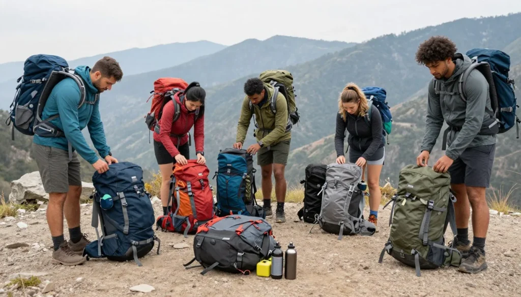 Well-prepared diverse travelers checking hiking equipment at mountain trailhead