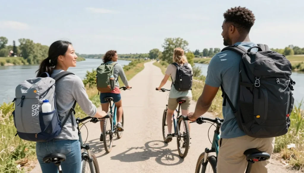 Well-prepared diverse travelers with backpacks and gear on South Platte River Trail Well-prepared diverse travelers with backpacks and gear on South Platte River Trail