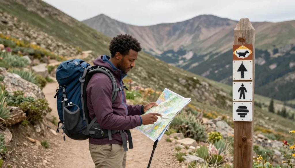 Well-prepared hiker checking map on mountain trail