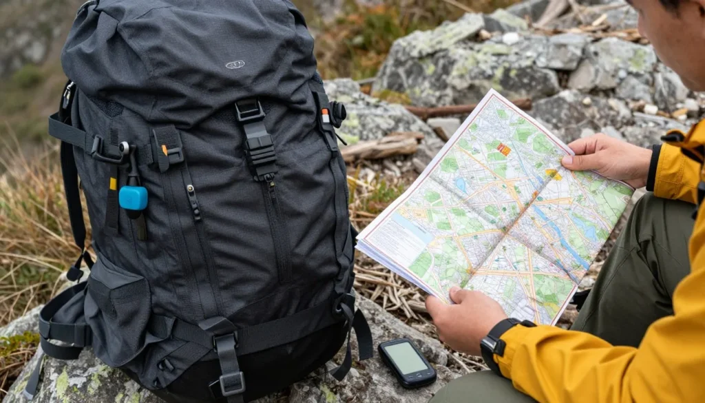 Well-prepared hiker with gear checking map in mountain setting Well-prepared hiker with gear checking map in mountain setting