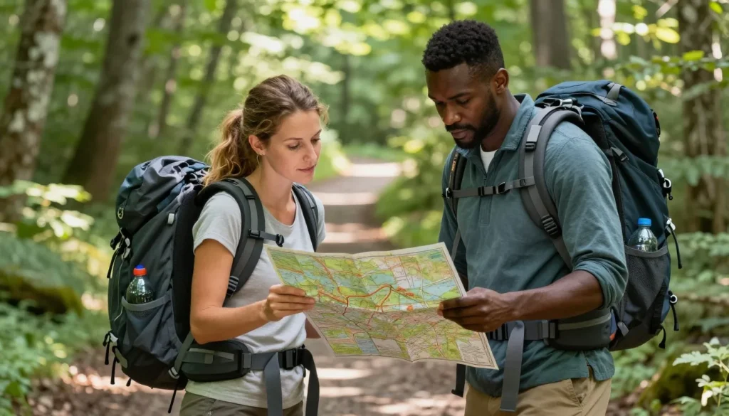 Well-prepared hikers checking trail map in Great Smoky Mountains
