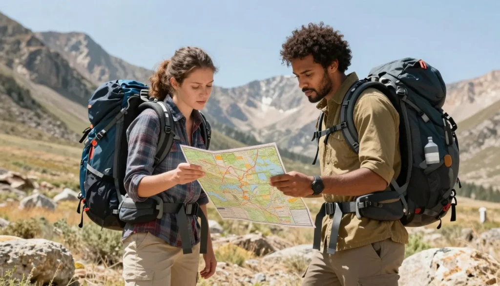 Well-prepared hikers with backpacks checking map on mountain trail in Great Basin wilderness