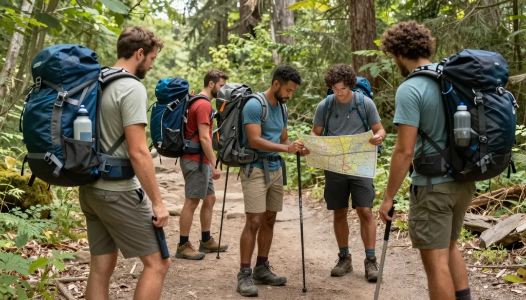 Well-prepared hikers with proper gear at Rifle Falls trailhead Well-prepared hikers with proper gear at Rifle Falls trailhead