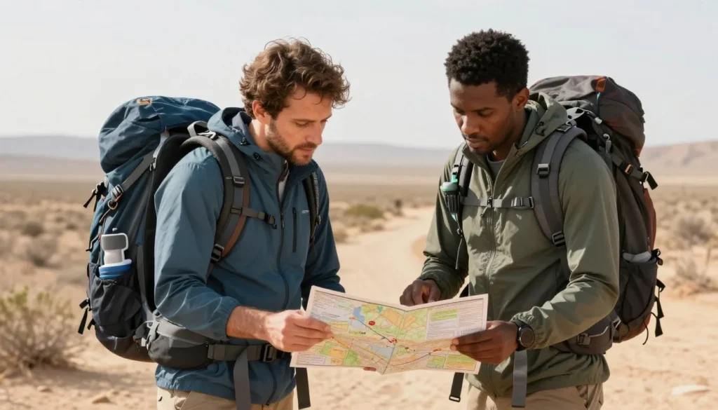 Well-prepared hikers with proper gear checking map on desert trail