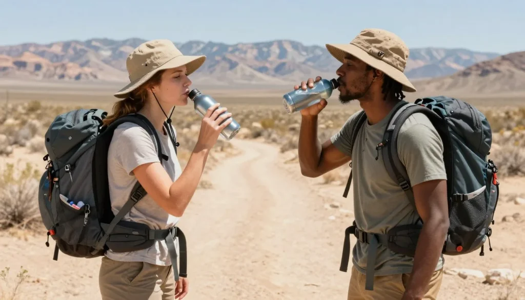 Well-prepared hikers with proper gear drinking water on Lake Mead trail Well-prepared hikers with proper gear drinking water on Lake Mead trail