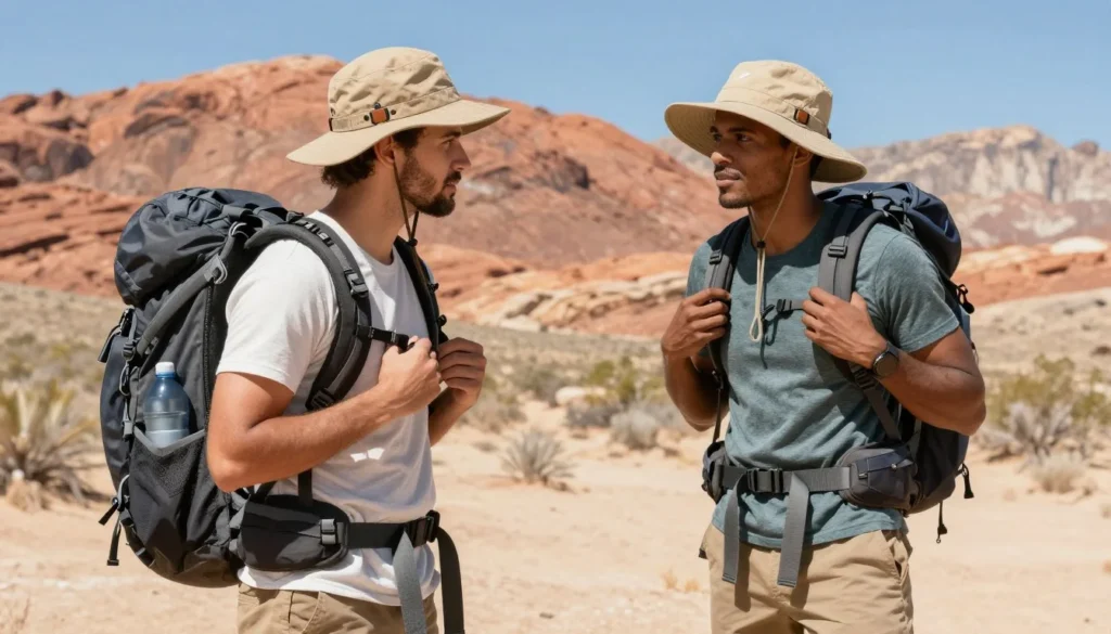 Well-prepared hikers with safety gear in desert environment Well-prepared hikers with safety gear in desert environment