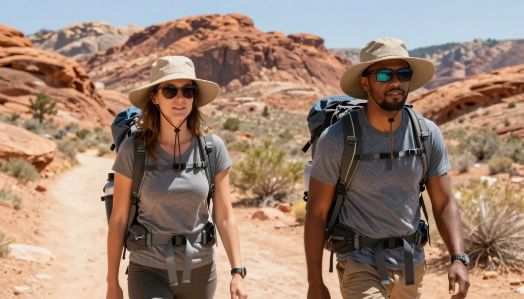 Well-prepared hikers with water bottles and sun protection on Red Rock Canyon trail Well-prepared hikers with water bottles and sun protection on Red Rock Canyon trail