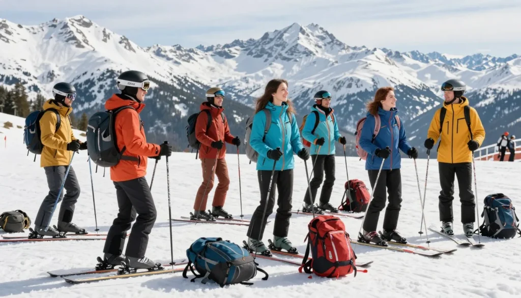 Well-prepared skiers with proper winter gear Well-prepared skiers with proper winter gear