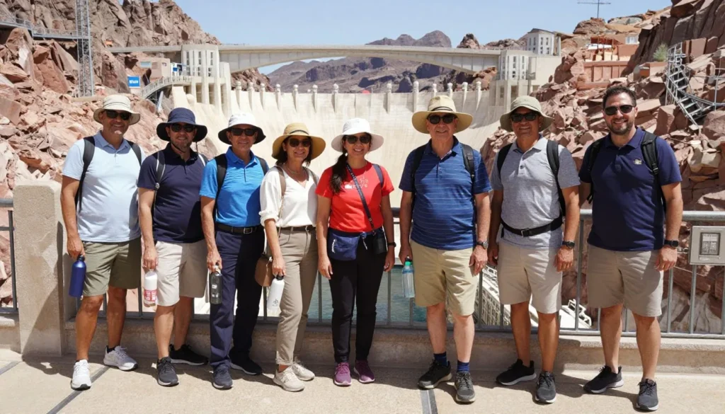 Well-prepared tourists with sun protection at Hoover Dam Well-prepared tourists with sun protection at Hoover Dam