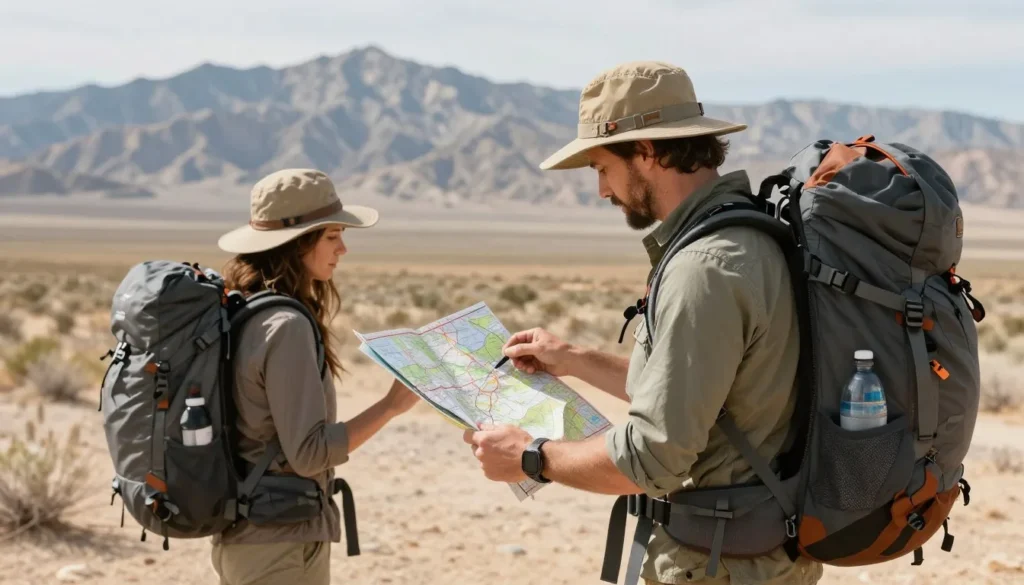 Well-prepared traveler with backpack checking map in Nevada desert terrain