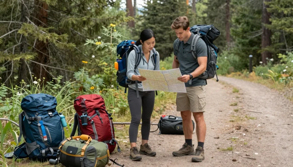 Well-prepared travelers reviewing map in mountain setting Well-prepared travelers reviewing map in mountain setting