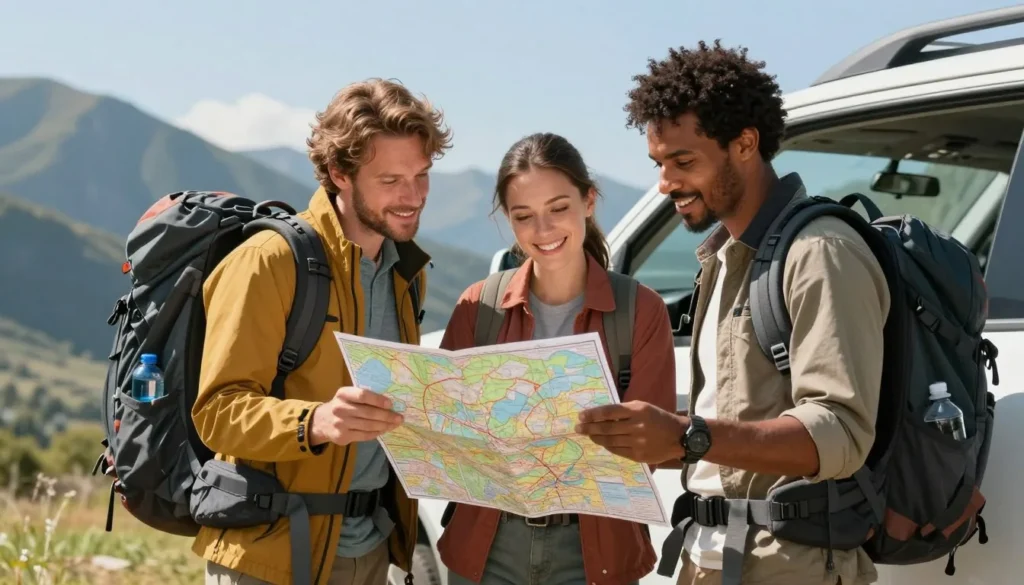 Well-prepared travelers reviewing map with mountain gear Well-prepared travelers reviewing map with mountain gear