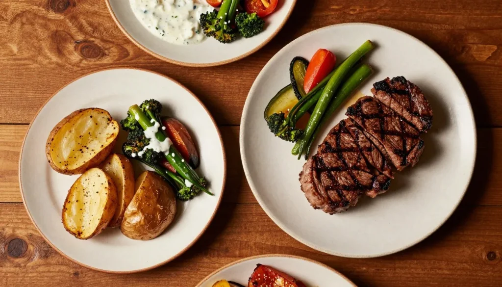 Western style restaurant meal with steak and sides Western style restaurant meal with steak and sides