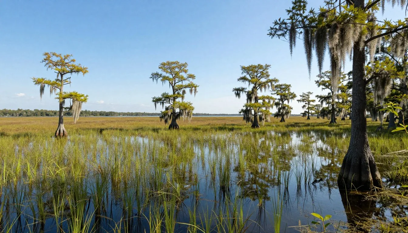 White Lake Wetlands Conservation Area Louisiana expansive freshwater marsh with cypress trees