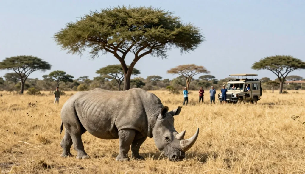 White rhinoceros grazing in African savanna grassland with tourists observing from safe distance White rhinoceros grazing in African savanna grassland with tourists observing from safe distance