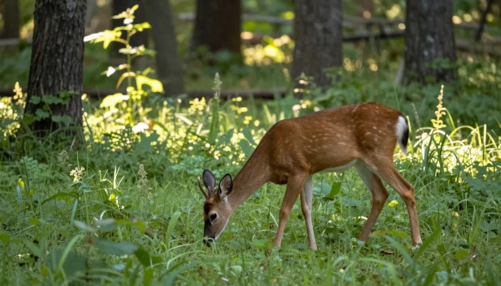 White-tailed deer grazing in forest clearing at dawn
