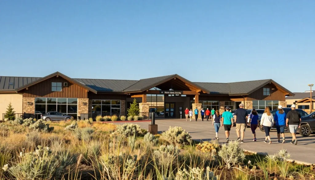 Wide view of North Sterling State Park entrance area with visitor facilities and prairie landscape