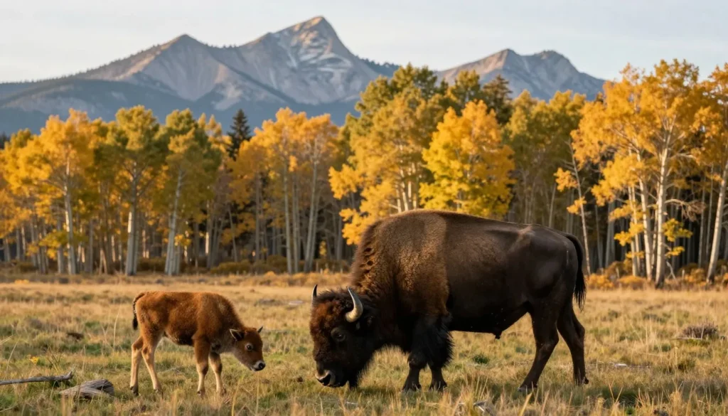 Wild bison grazing in mountain meadow with aspen trees