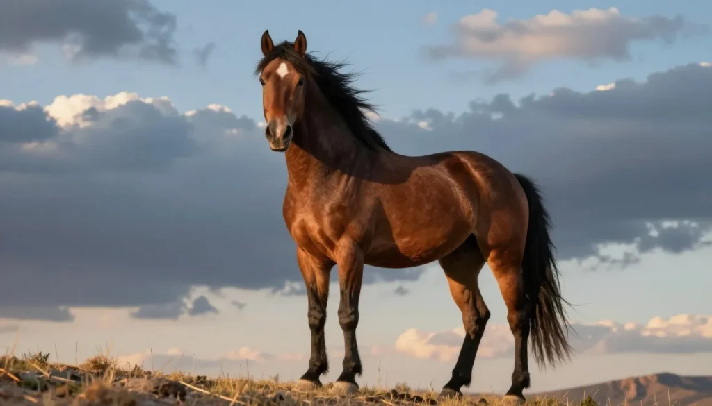 Wild horse stallion standing alert with dramatic sky background Wild horse stallion standing alert with dramatic sky background