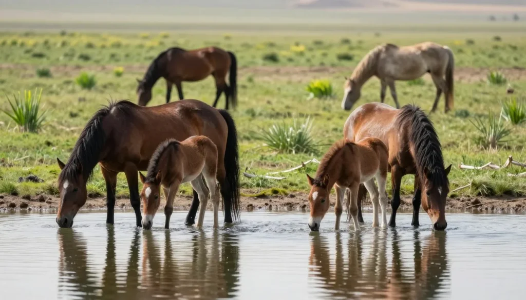Wild horses at water source during spring with green vegetation Wild horses at water source during spring with green vegetation